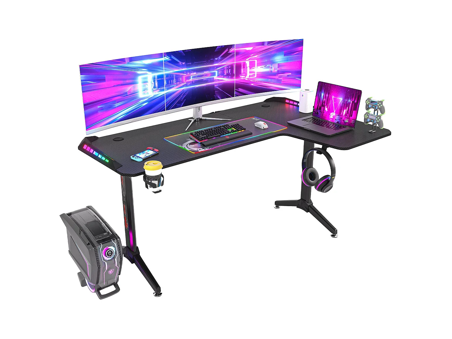 Bureau d'angle gaming led informatique design en forme l table gamer rgb d'ordinateur avec porte casque - modèle droite 160x100x75cm