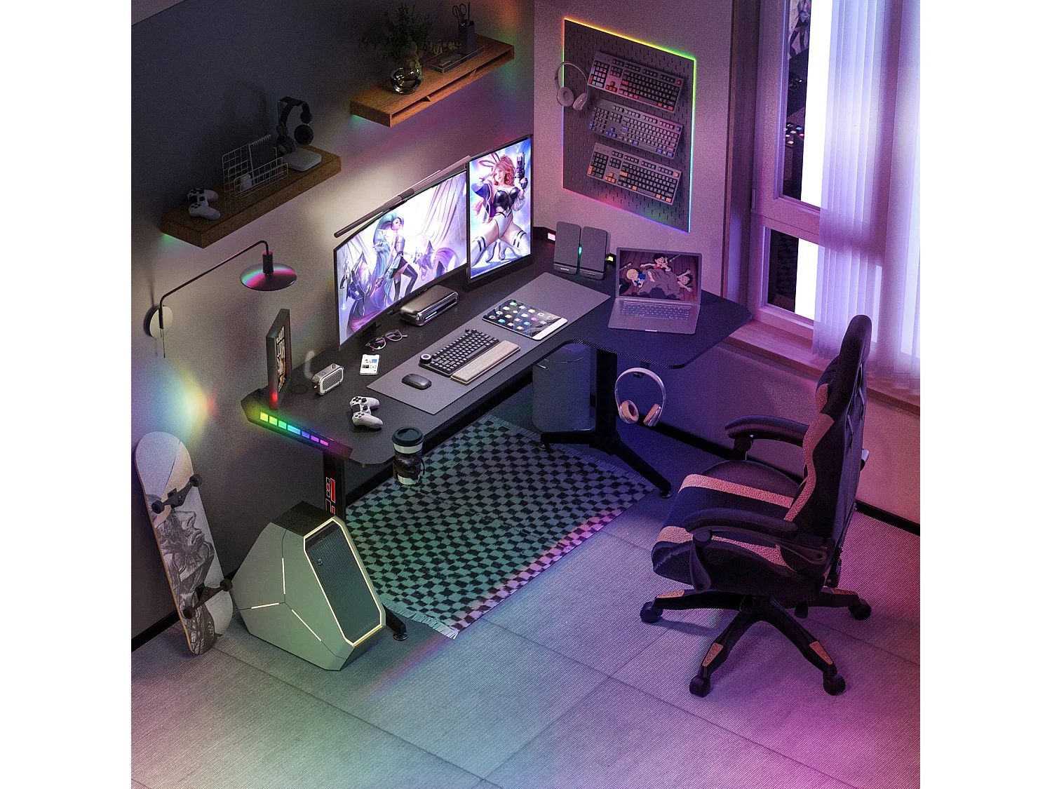 Bureau d'angle gaming led informatique design en forme l table gamer rgb d'ordinateur avec porte casque - modèle droite 160x100x75cm