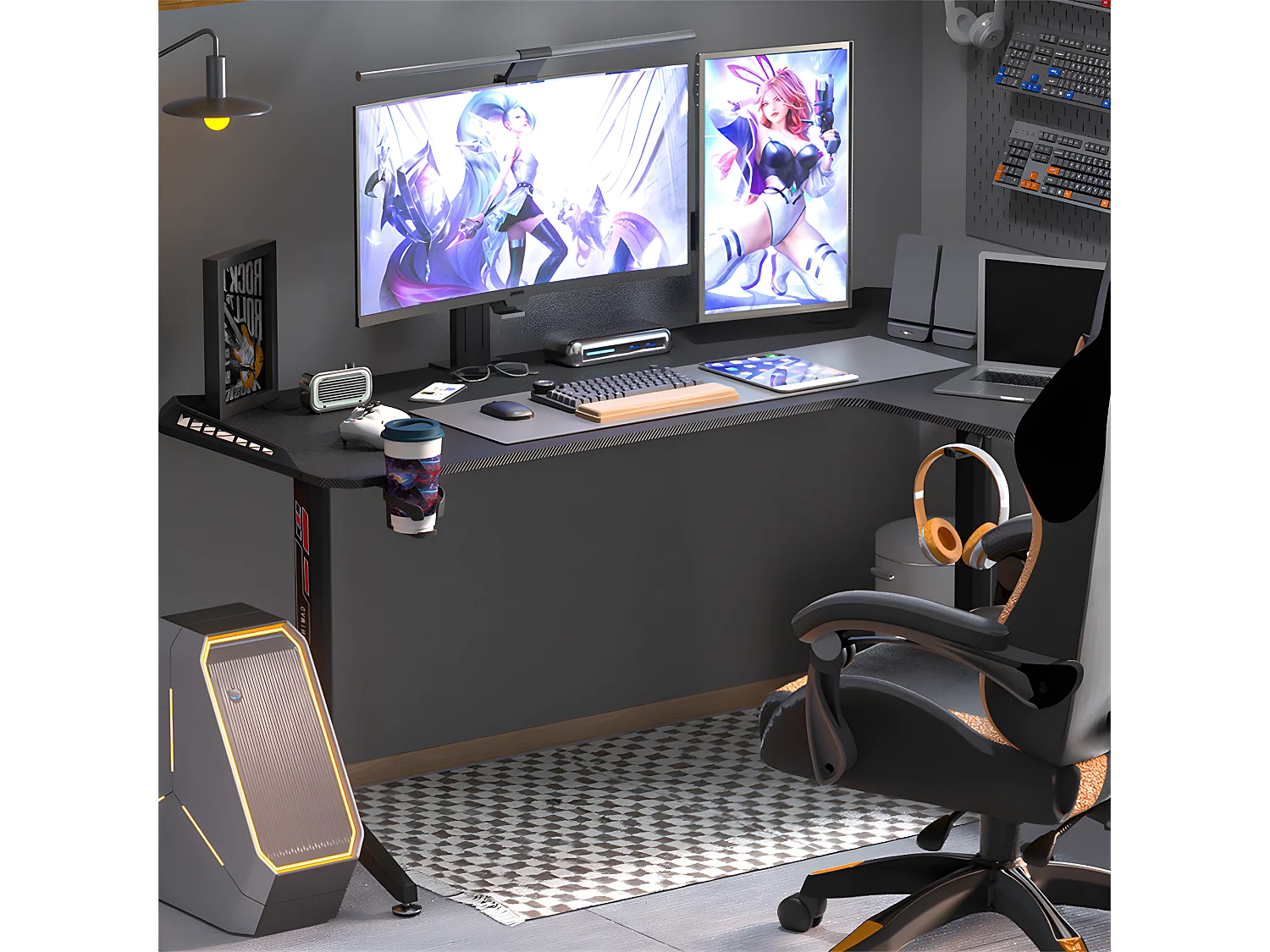 Bureau d'angle gaming led informatique design en forme l table gamer rgb d'ordinateur avec porte casque - modèle droite 160x100x75cm