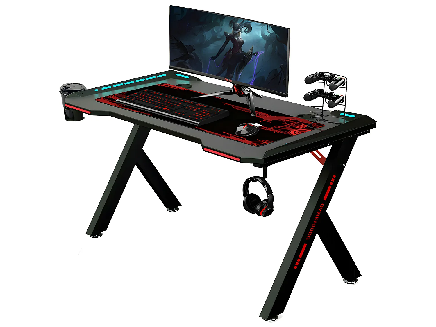 Bureau gaming led bureau gamer professionnel d'ordinateur informatique avec étagère de moniteur réglable 180x75x73cm