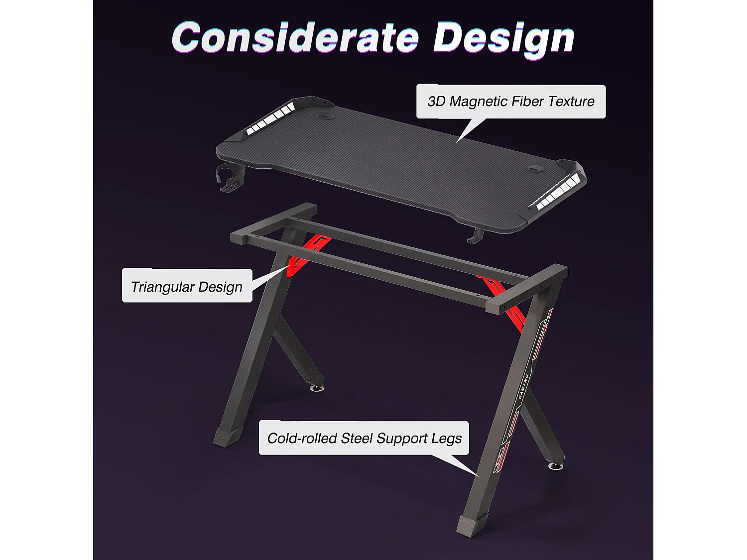 Bureau gaming led bureau gamer professionnel d'ordinateur informatique avec étagère de moniteur réglable 180x75x73cm