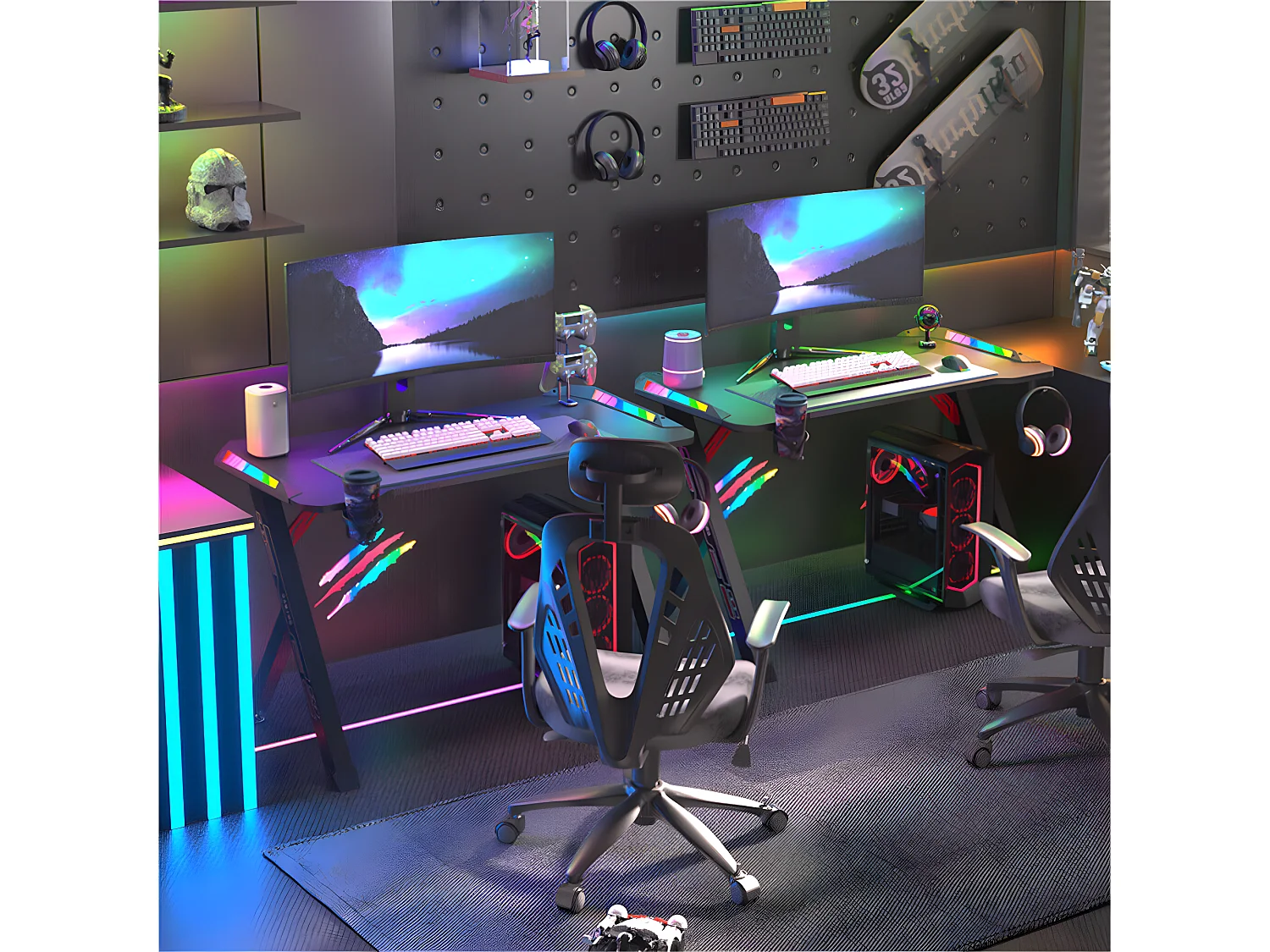 Bureau gaming led bureau gamer professionnel d'ordinateur informatique avec étagère de moniteur réglable 180x75x73cm