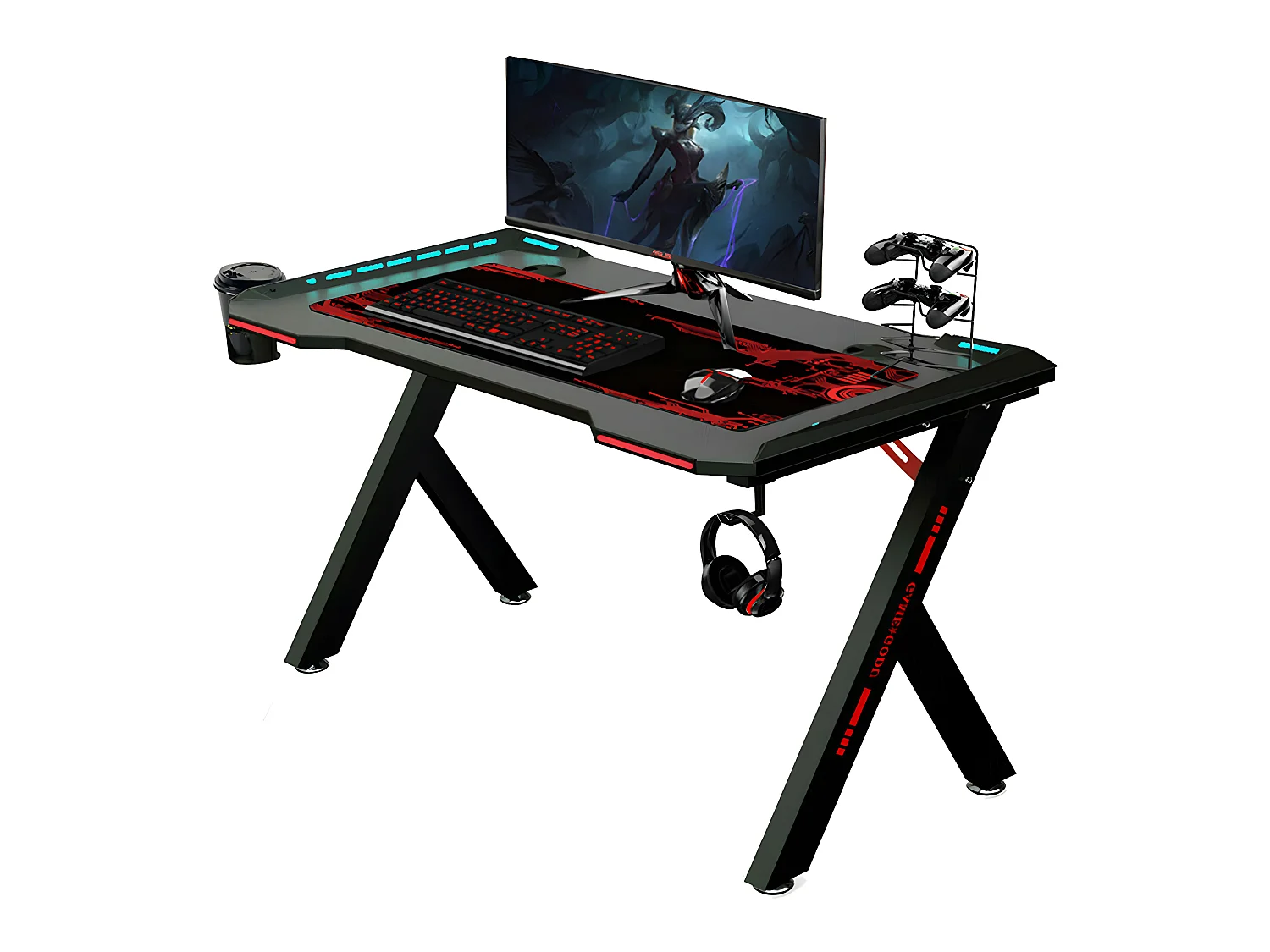 Bureau gaming led bureau gamer professionnel d'ordinateur informatique avec étagère de moniteur réglable 180x75x73cm