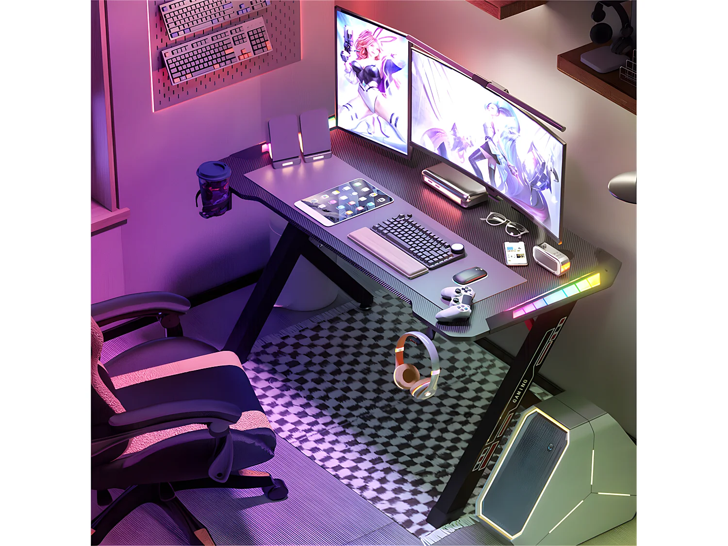 Bureau gaming led bureau gamer professionnel d'ordinateur informatique avec étagère de moniteur réglable 180x75x73cm