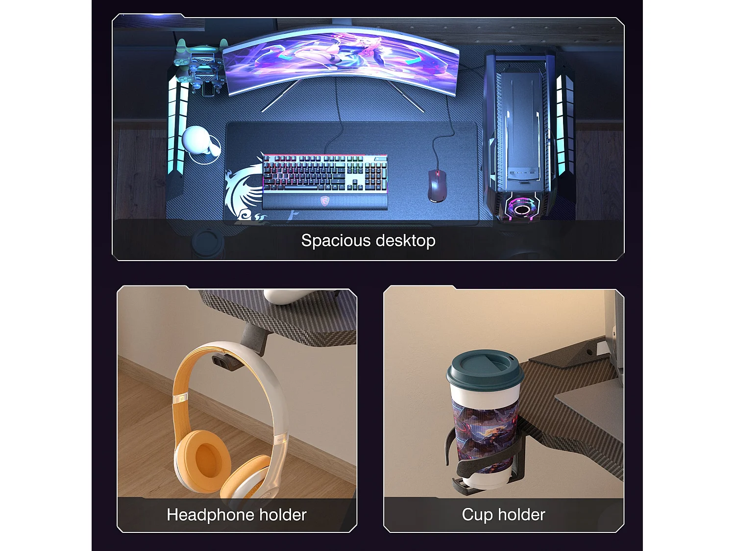 Bureau gaming led bureau gamer professionnel d'ordinateur informatique avec étagère de moniteur réglable 180x75x73cm