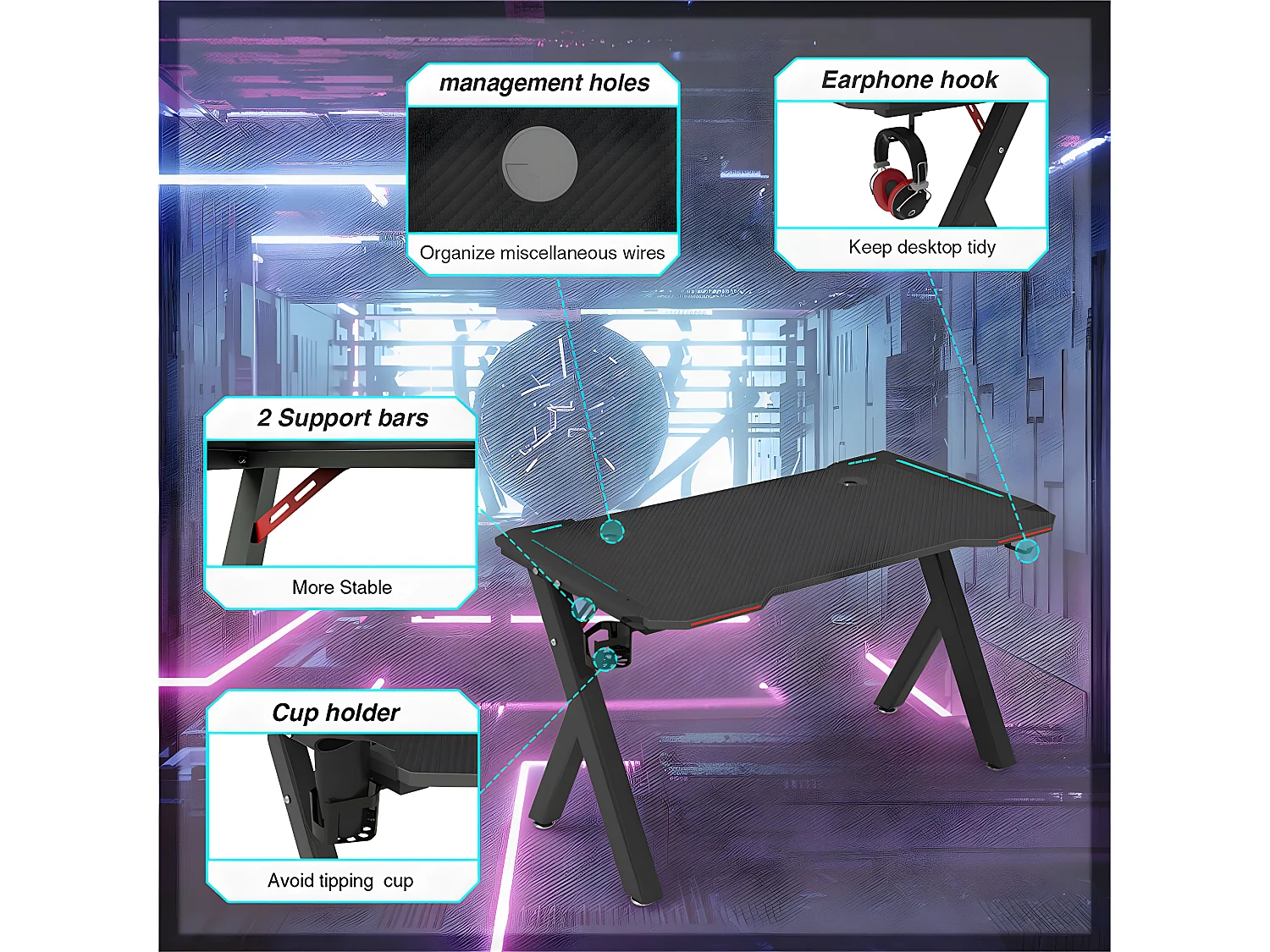 Bureau gaming led bureau gamer professionnel d'ordinateur informatique avec étagère de moniteur réglable 180x75x73cm