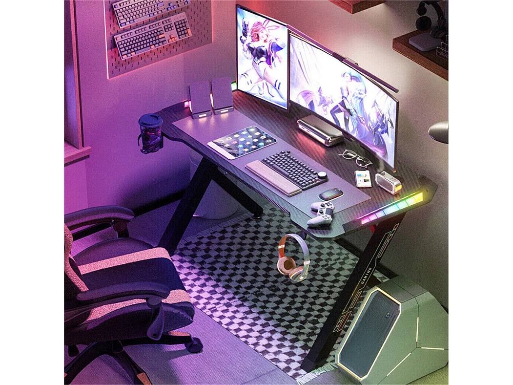 Bureau gaming led bureau gamer professionnel d'ordinateur informatique avec étagère de moniteur réglable 180x75x73cm
