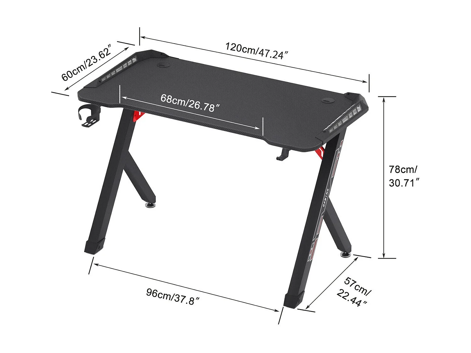 Bureau gaming led bureau gamer professionnel d'ordinateur informatique avec étagère de moniteur réglable 180x75x73cm
