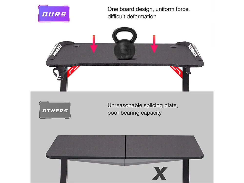 Bureau gaming led bureau gamer professionnel d'ordinateur informatique avec étagère de moniteur réglable 180x75x73cm