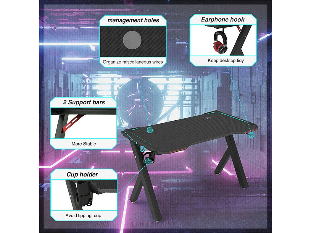 Bureau gaming led bureau gamer professionnel d'ordinateur informatique avec étagère de moniteur réglable 180x75x73cm