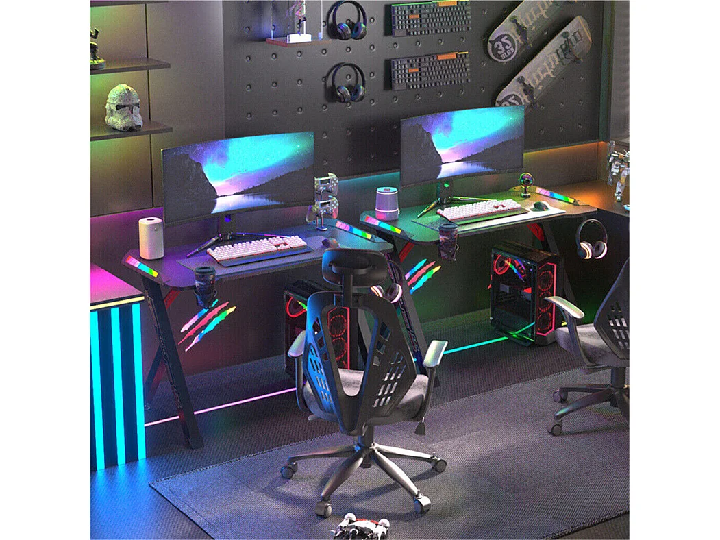 Bureau gaming led bureau gamer professionnel d'ordinateur informatique avec étagère de moniteur réglable 180x75x73cm