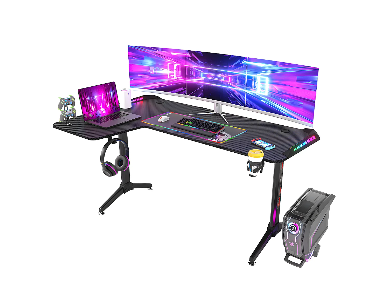 Bureau d'angle gaming led informatique table gamer rgb en forme l d'ordinateur avec porte casque - modèle gauche 160x100x75cm