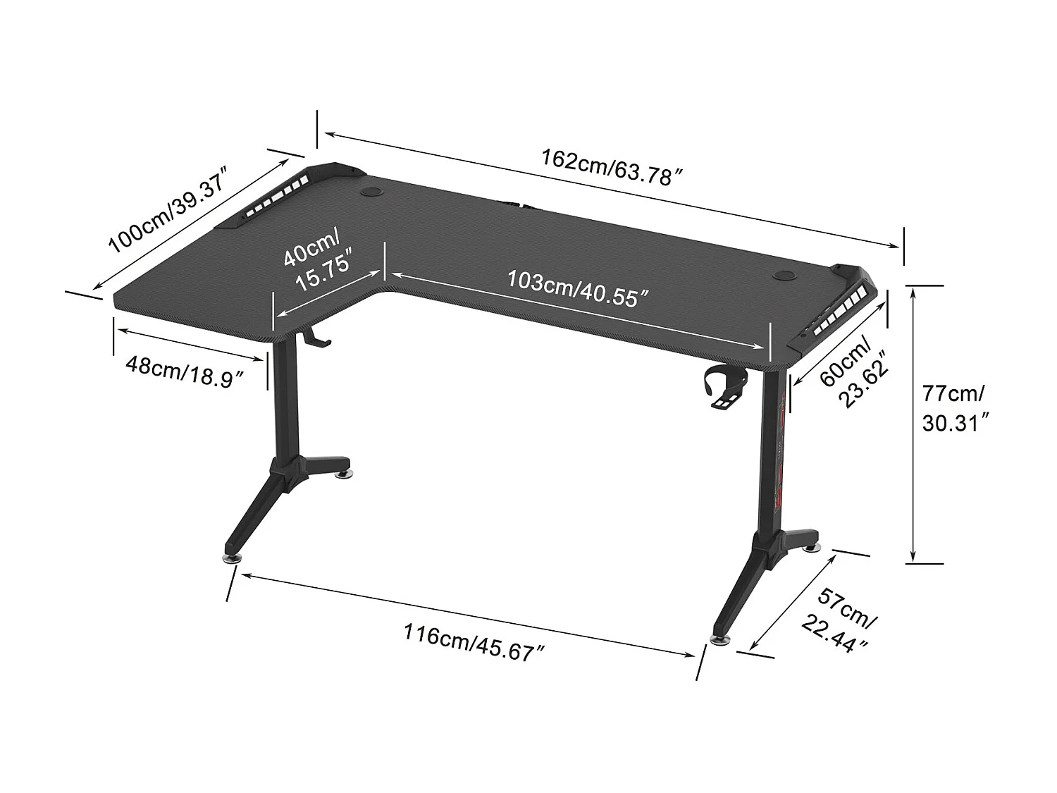 Bureau d'angle gaming led informatique table gamer rgb en forme l d'ordinateur avec porte casque - modèle gauche 160x100x75cm