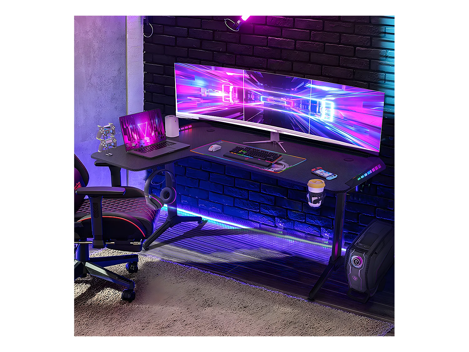 Bureau d'angle gaming led informatique table gamer rgb en forme l d'ordinateur avec porte casque - modèle gauche 160x100x75cm