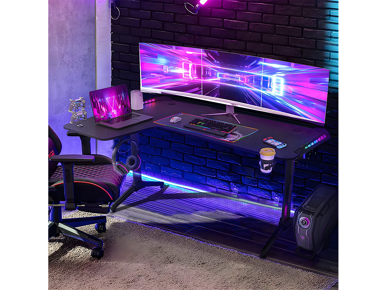 Bureau d'angle gaming led informatique table gamer rgb en forme l d'ordinateur avec porte casque - modèle gauche 160x100x75cm