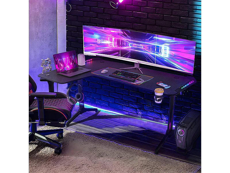 Bureau d'angle gaming led informatique table gamer rgb en forme l d'ordinateur avec porte casque - modèle gauche 160x100x75cm