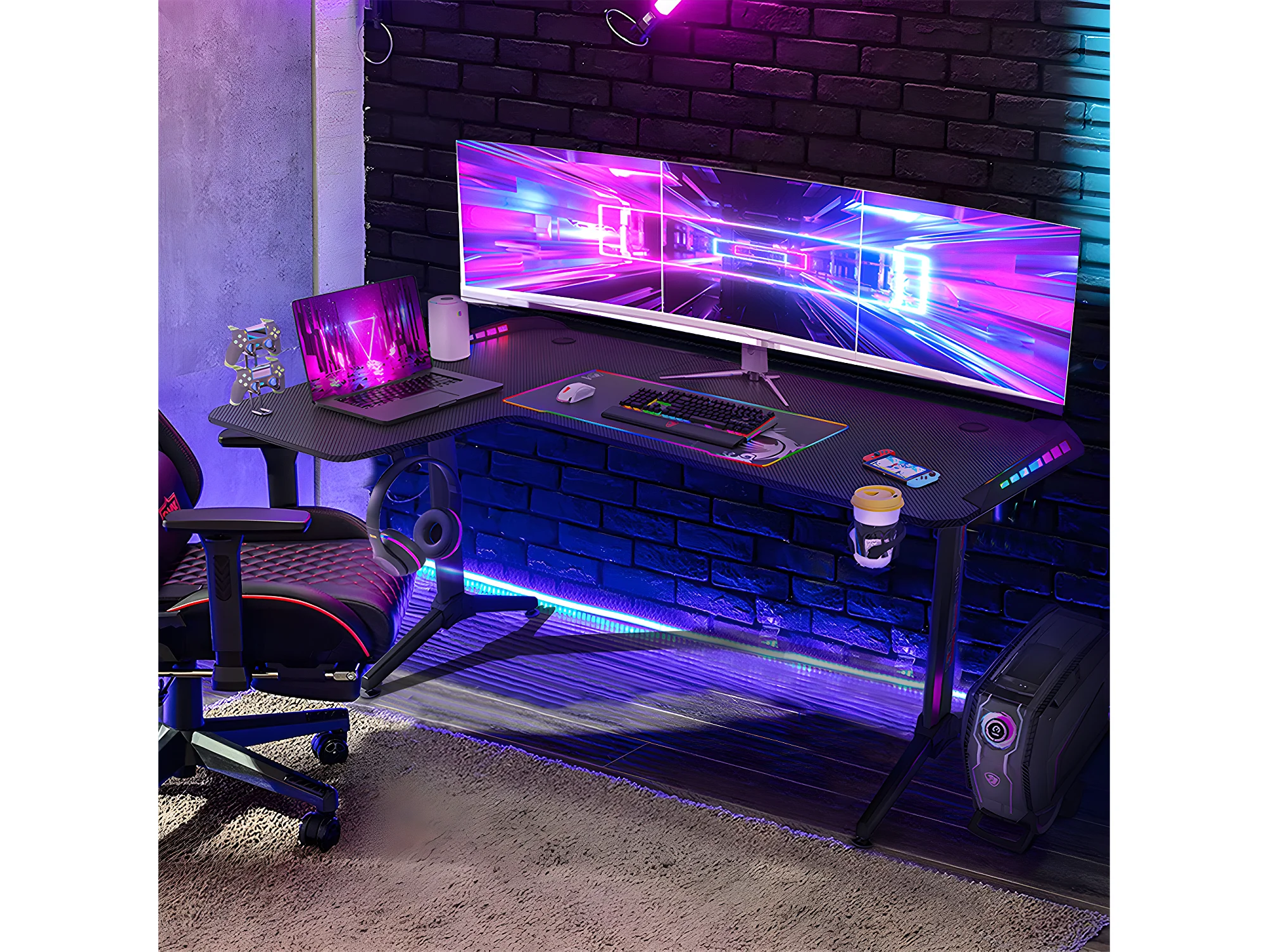 Bureau Gamer En L Avec LED RGB - 160x100x75 Cm - Noir Fibre De Carbone - Support Casque Et Porte-Gobelet