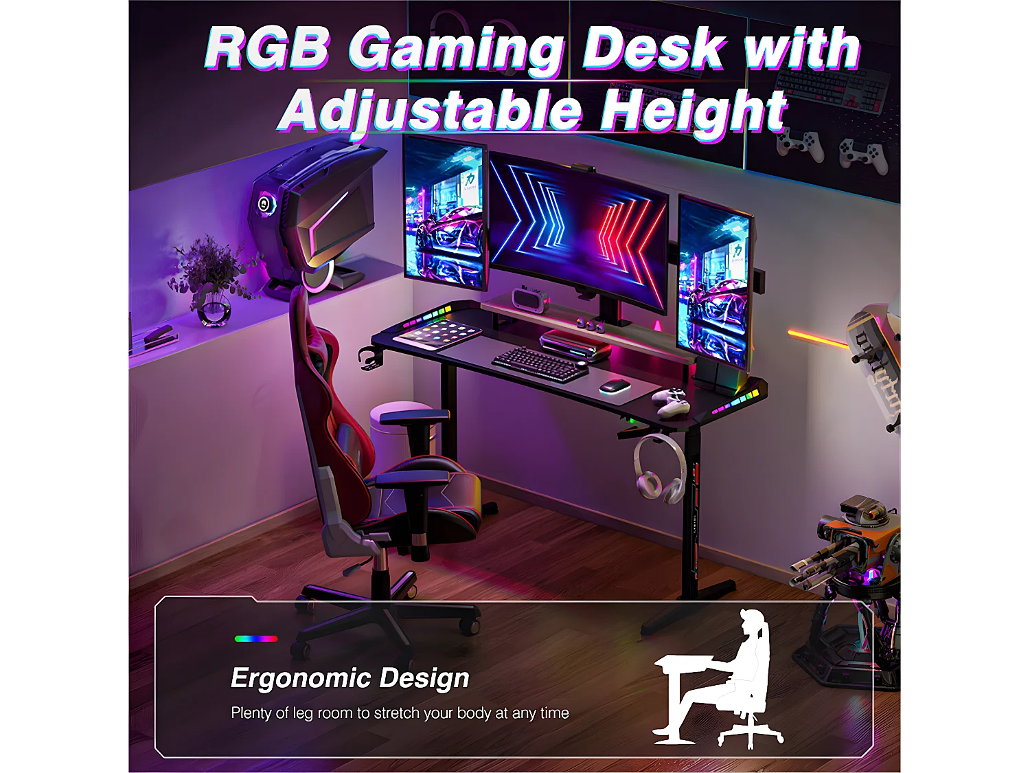 Bureau gaming led hauteur réglable de 69 à 155cm bureau gamer rgb noir table gaming avec rangement 160x60.5x120cm
