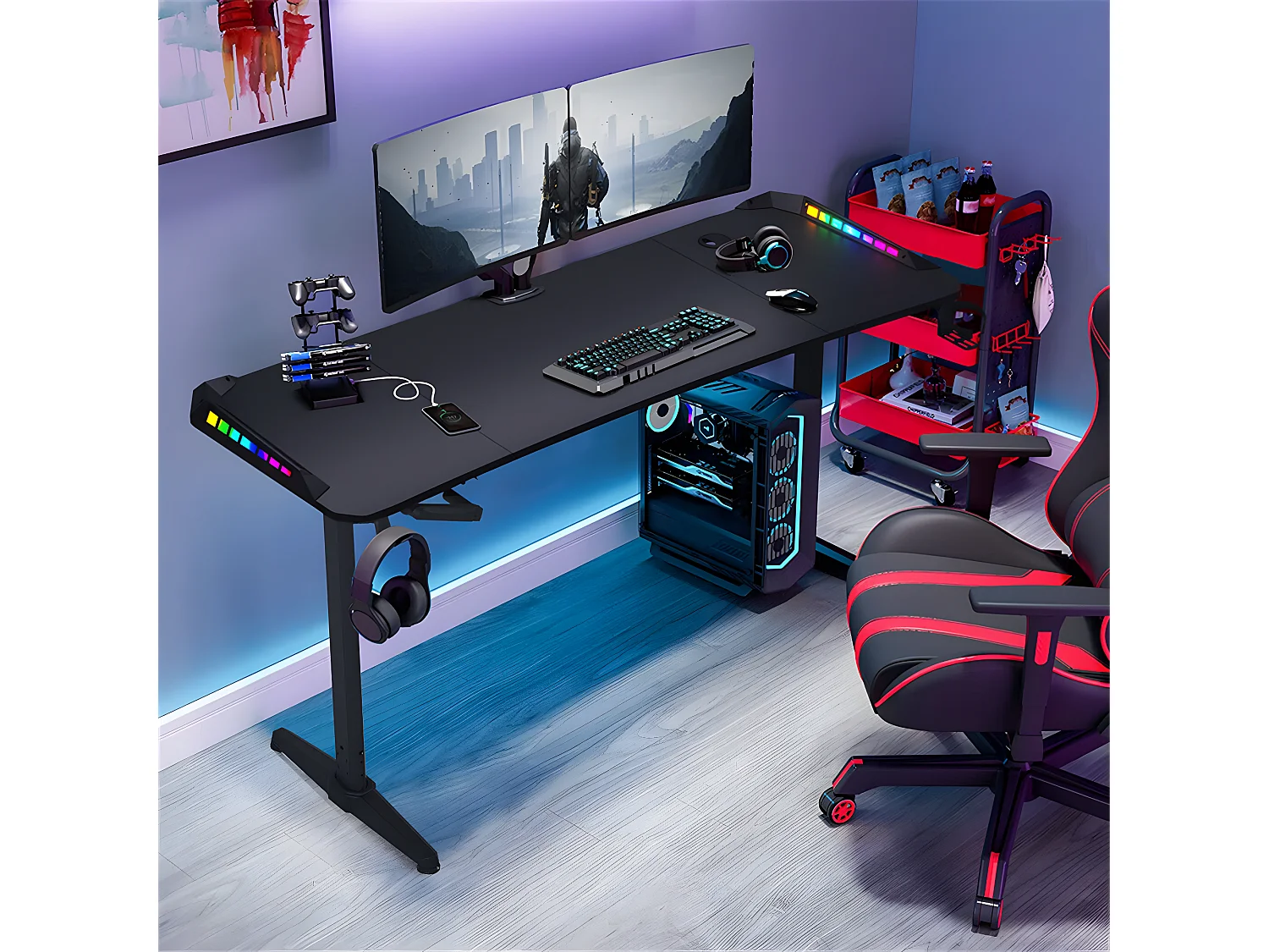 Bureau gaming led hauteur réglable de 69 à 155cm bureau gamer rgb noir table gaming avec rangement 160x60.5x120cm