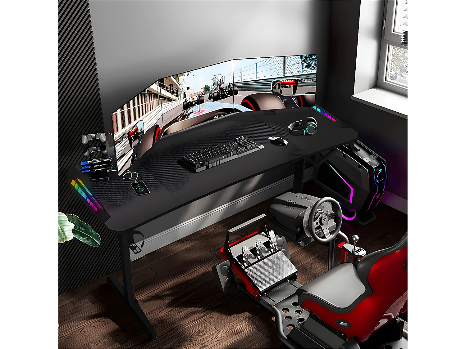 Bureau gaming led hauteur réglable de 69 à 155cm bureau gamer rgb noir table gaming avec rangement 160x60.5x120cm