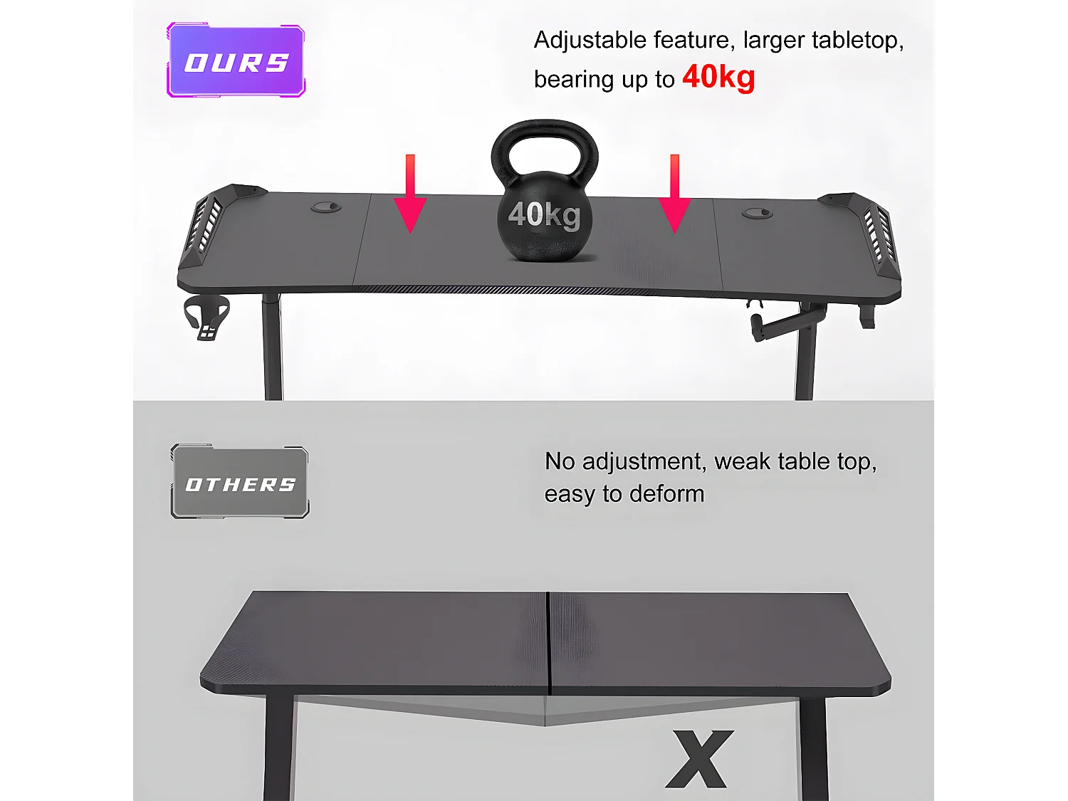 Bureau gaming led hauteur réglable de 69 à 155cm bureau gamer rgb noir table gaming avec rangement 160x60.5x120cm