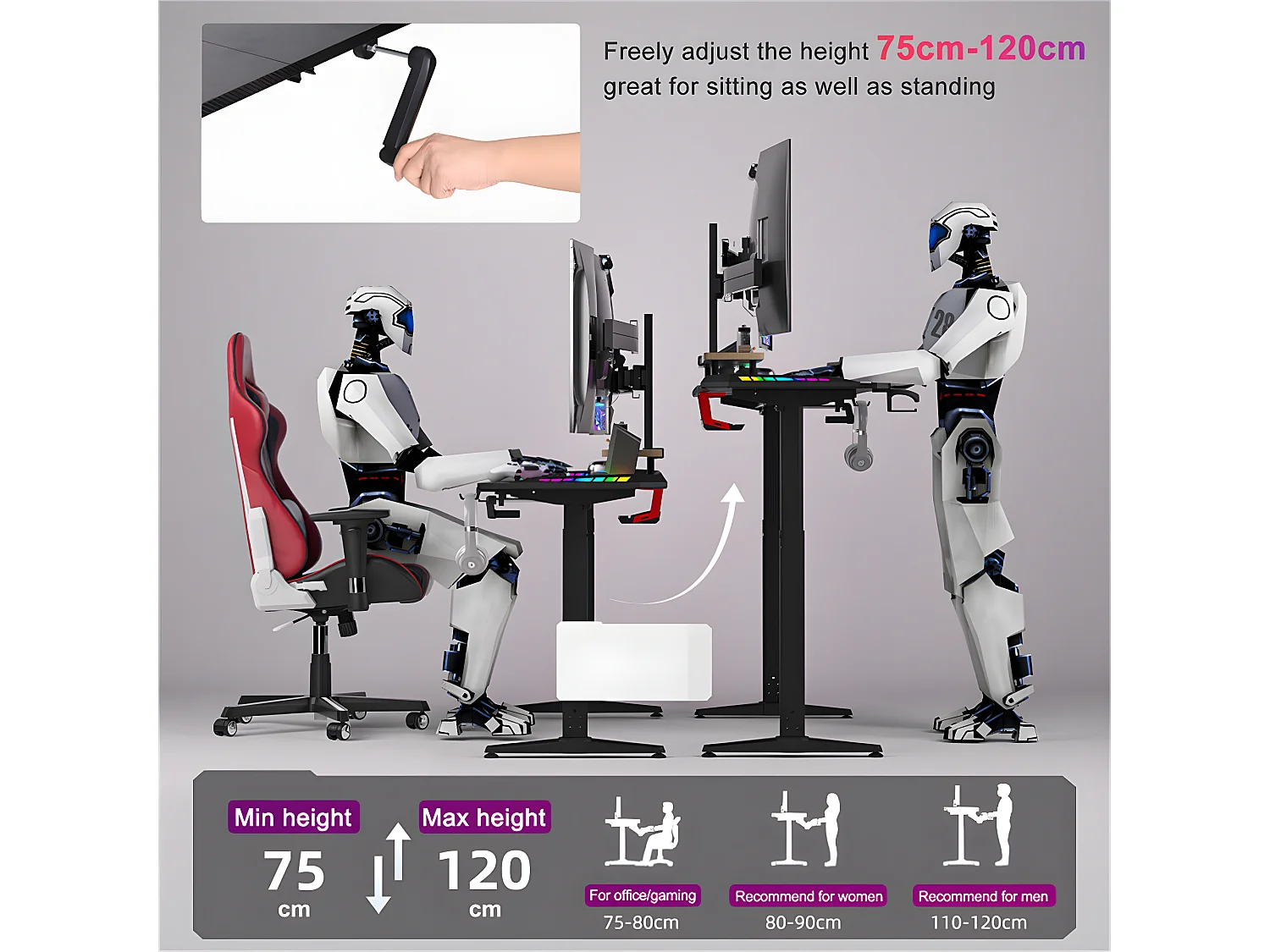 Bureau gaming led hauteur réglable de 69 à 155cm bureau gamer rgb noir table gaming avec rangement 160x60.5x120cm