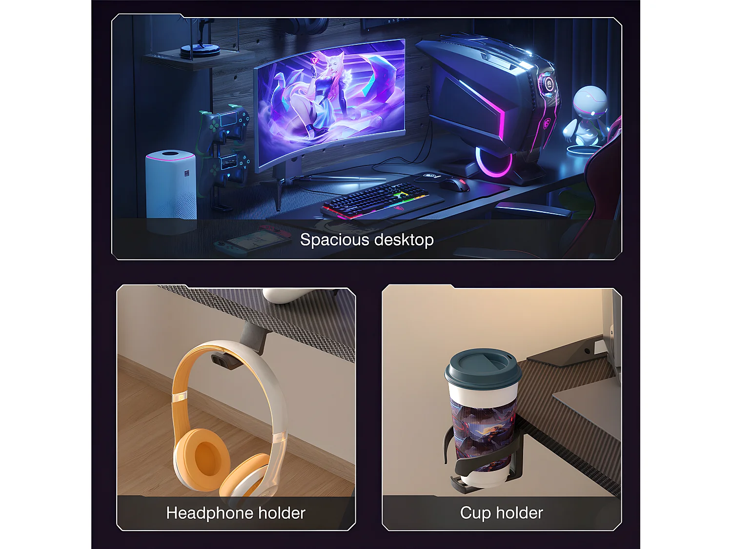 Bureau gaming led hauteur réglable de 69 à 155cm bureau gamer rgb noir table gaming avec rangement 160x60.5x120cm