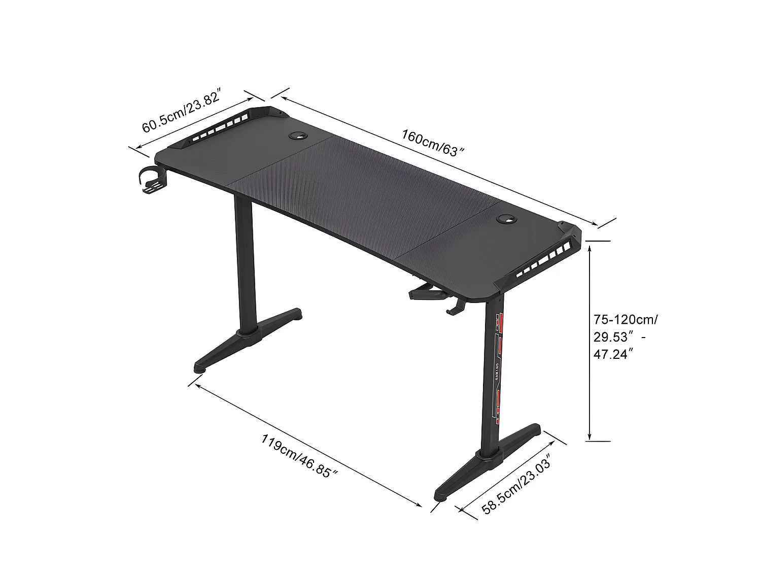 Bureau gaming led hauteur réglable de 69 à 155cm bureau gamer rgb noir table gaming avec rangement 160x60.5x120cm