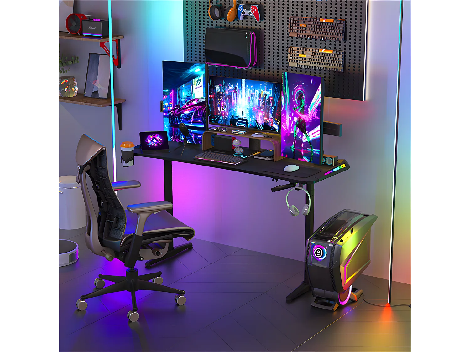 Bureau gaming led hauteur réglable de 69 à 155cm bureau gamer rgb noir table gaming avec rangement 160x60.5x120cm