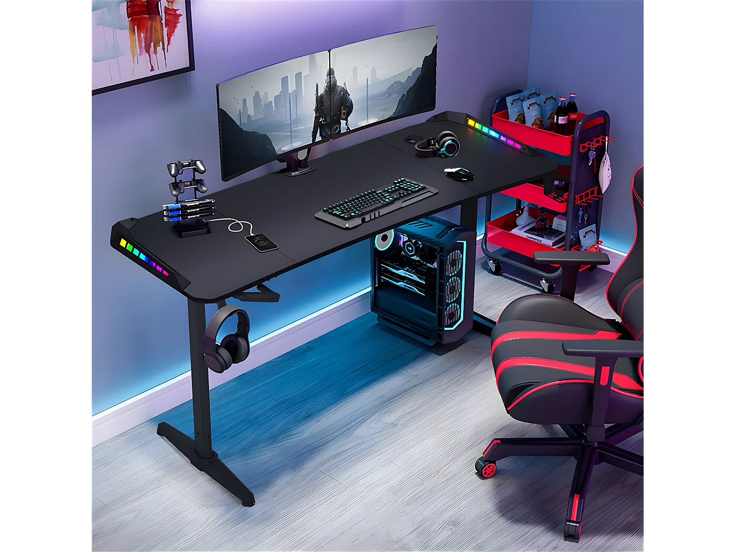 Bureau gaming led hauteur réglable de 69 à 155cm bureau gamer rgb noir table gaming avec rangement 160x60.5x120cm