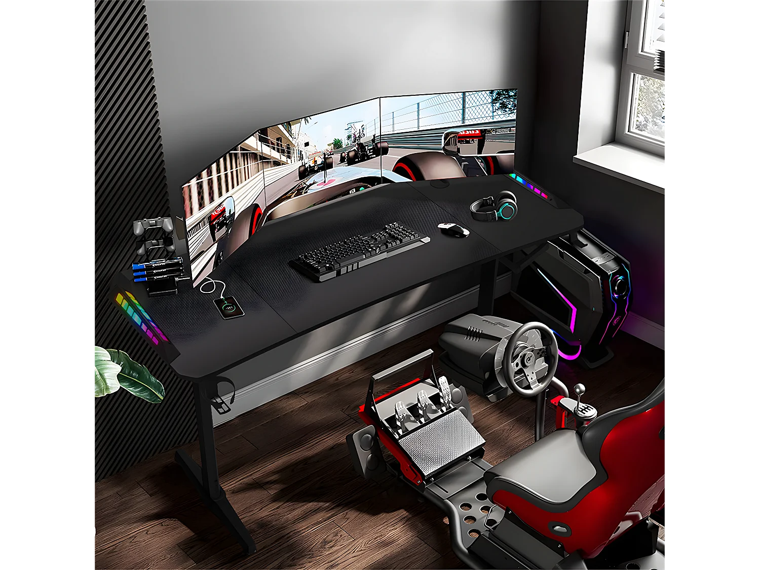 Bureau gaming led hauteur réglable de 69 à 155cm bureau gamer rgb noir table gaming avec rangement 160x60.5x120cm