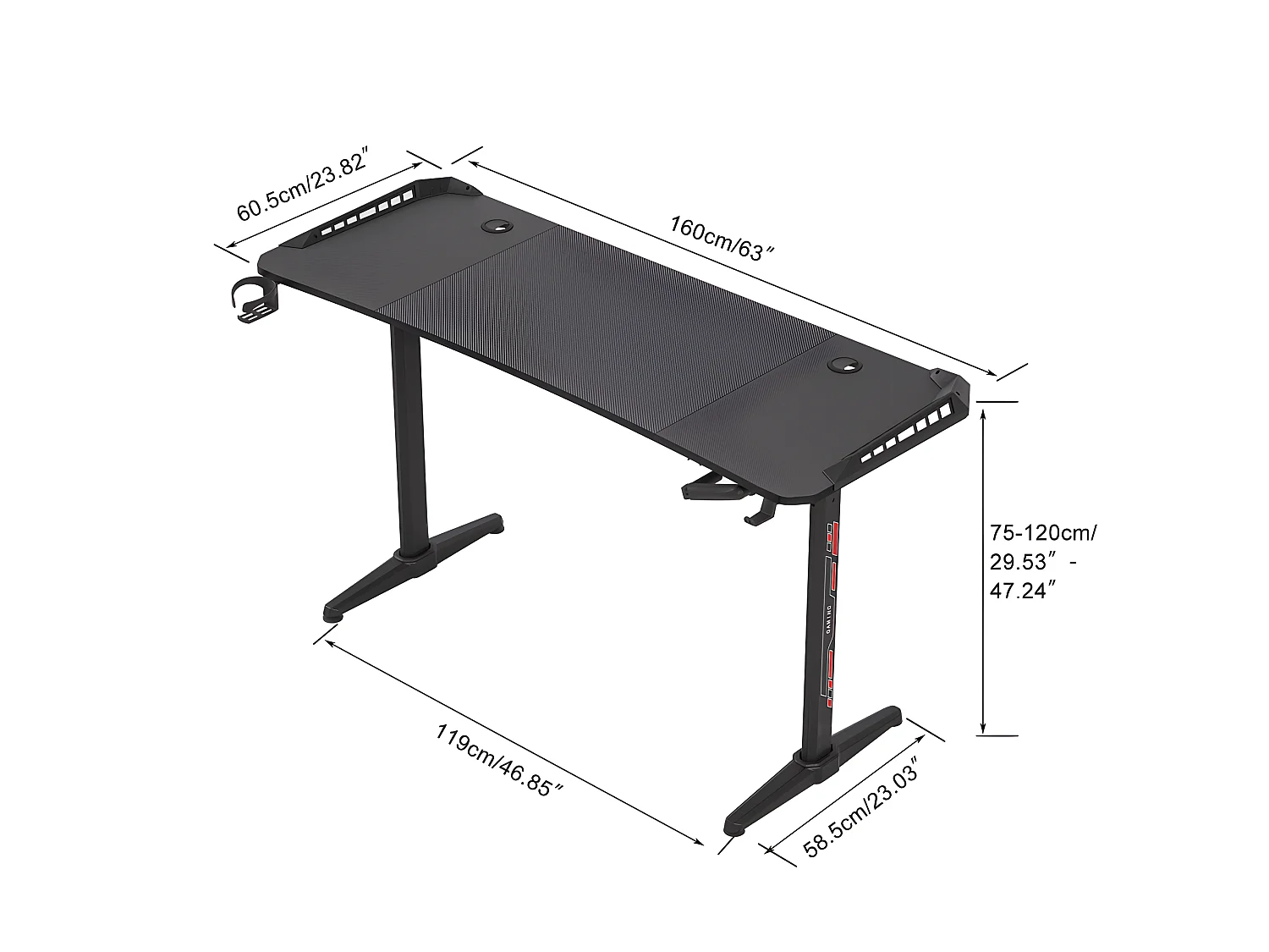 Bureau gaming led hauteur réglable de 69 à 155cm bureau gamer rgb noir table gaming avec rangement 160x60.5x120cm