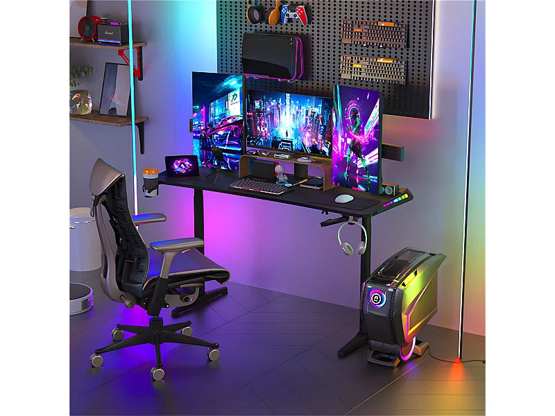 Bureau gaming led hauteur réglable de 69 à 155cm bureau gamer rgb noir table gaming avec rangement 160x60.5x120cm
