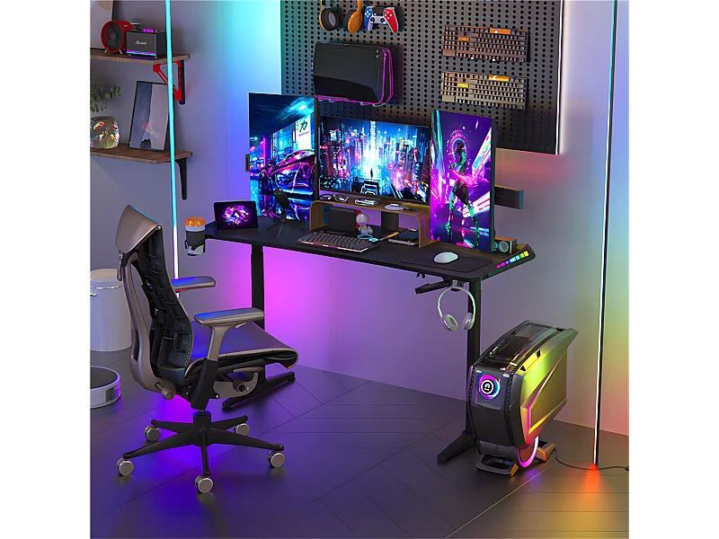 Bureau gaming led hauteur réglable de 69 à 155cm bureau gamer rgb noir table gaming avec rangement 160x60.5x120cm