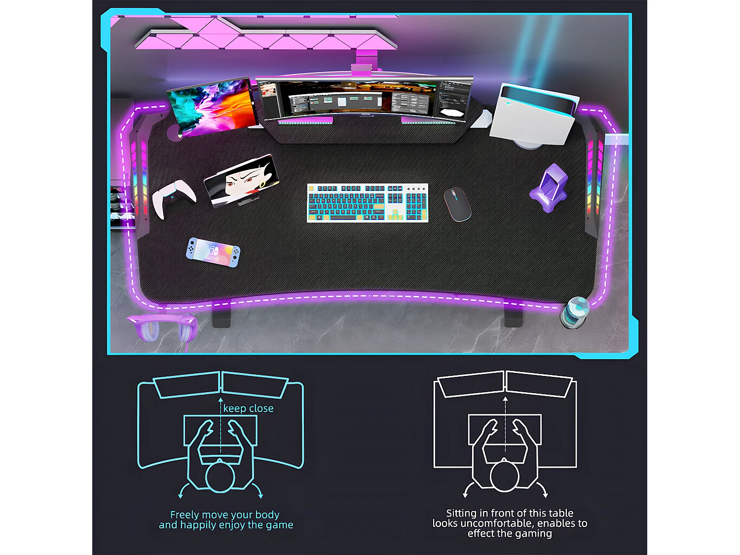 Bureau gaming led bureau gamer professionnel d'ordinateur informatique avec étagère de moniteur réglable 180x75x73cm