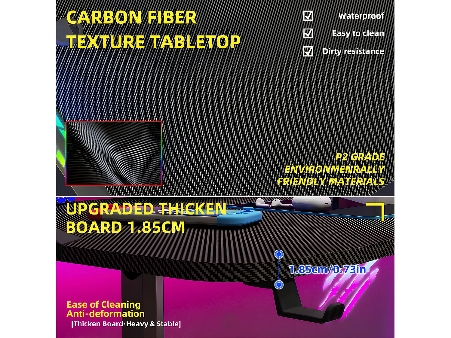 Bureau gaming led bureau gamer professionnel d'ordinateur informatique avec étagère de moniteur réglable 180x75x73cm