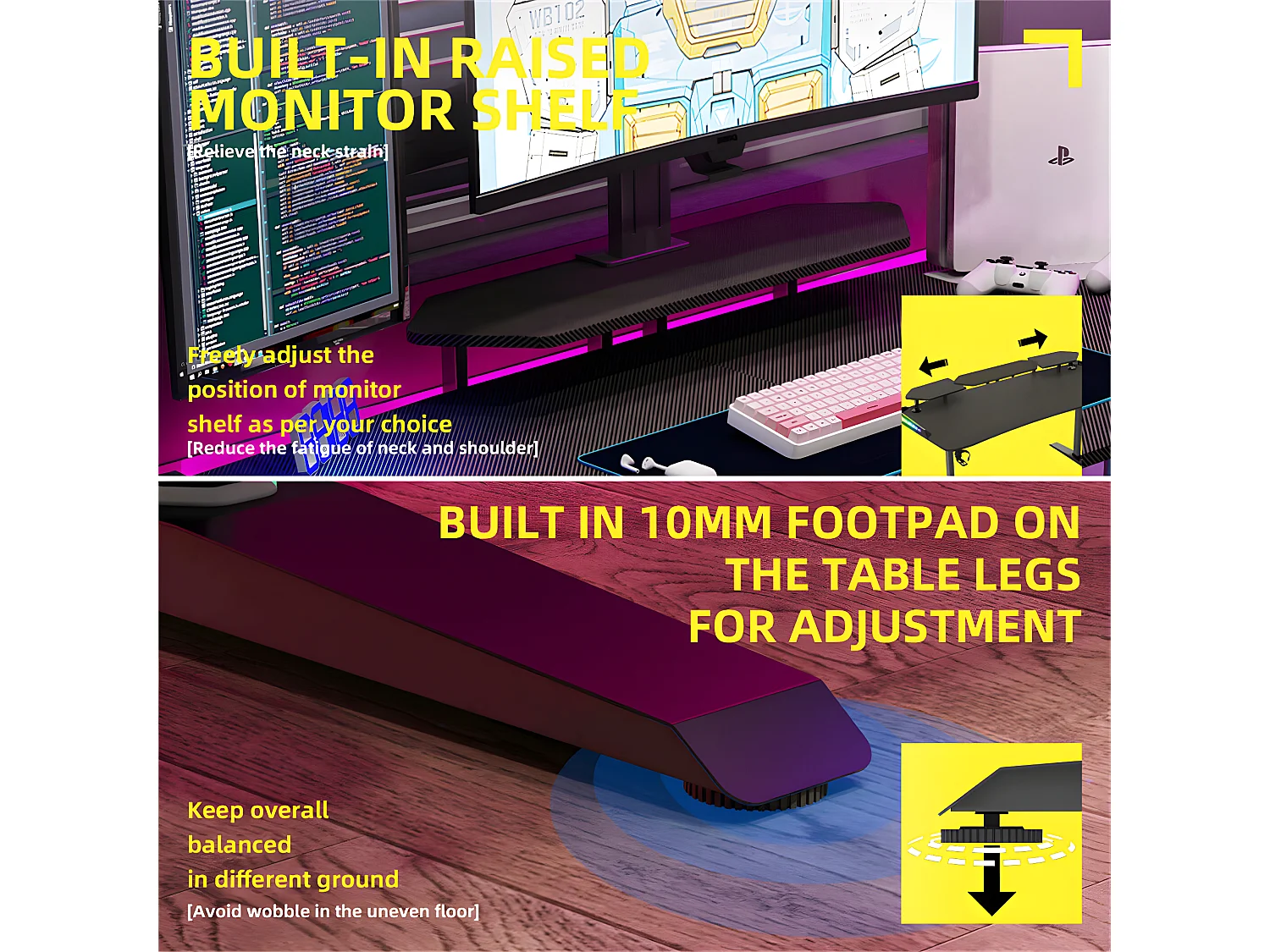 Bureau gaming led bureau gamer professionnel d'ordinateur informatique avec étagère de moniteur réglable 180x75x73cm