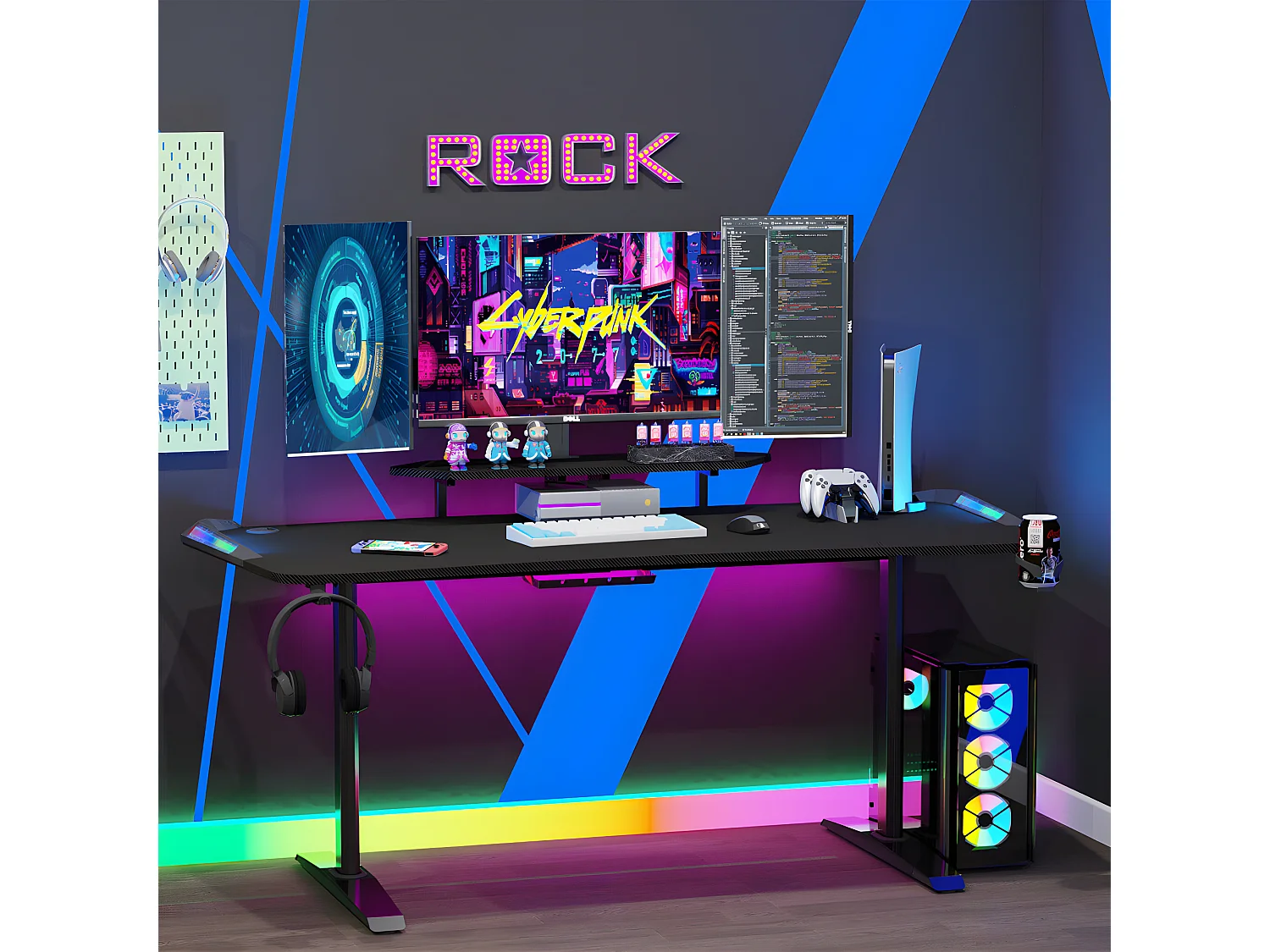 Bureau gaming led bureau gamer professionnel d'ordinateur informatique avec étagère de moniteur réglable 180x75x73cm