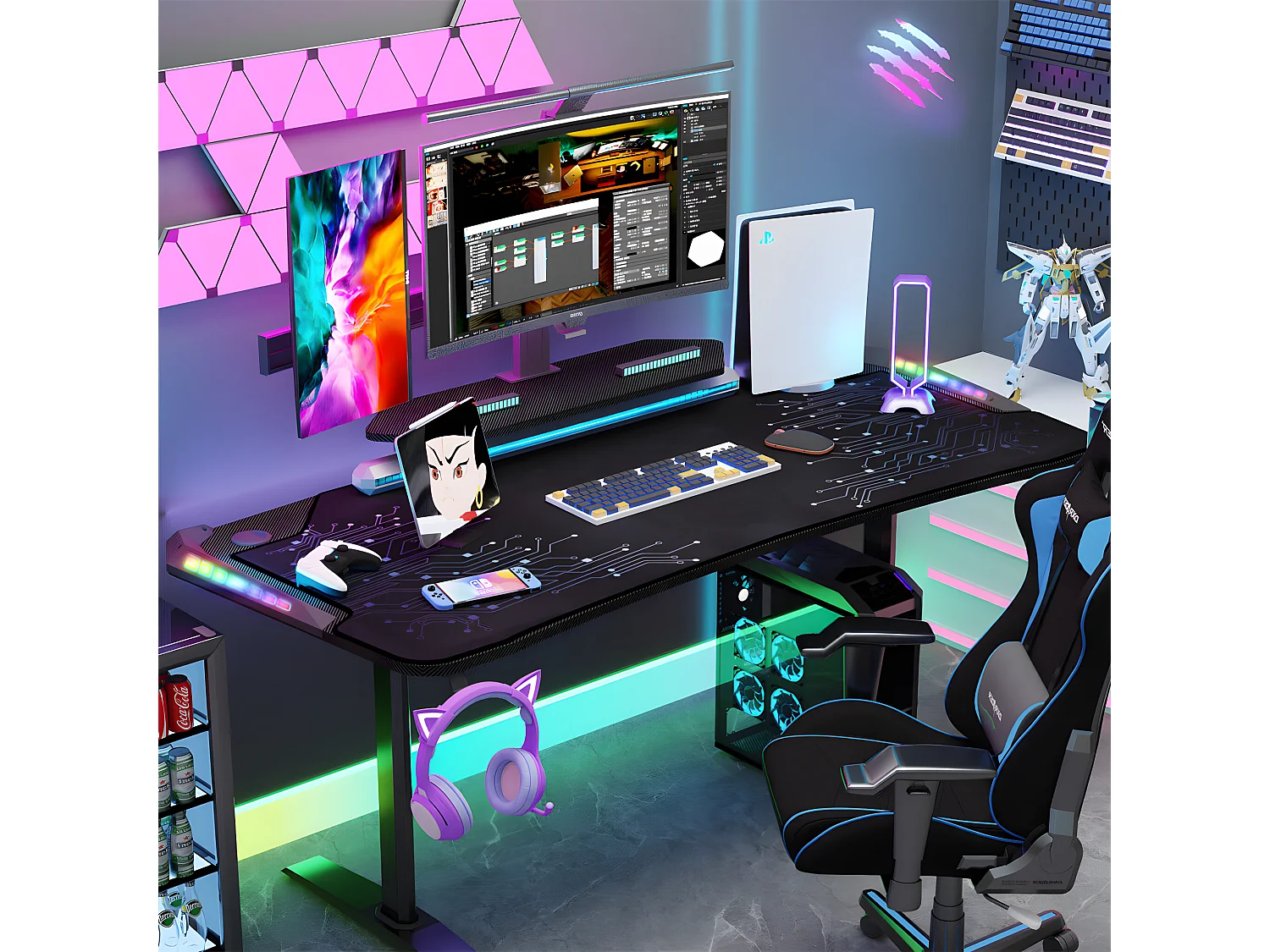 Bureau gaming led bureau gamer professionnel d'ordinateur informatique avec étagère de moniteur réglable 180x75x73cm