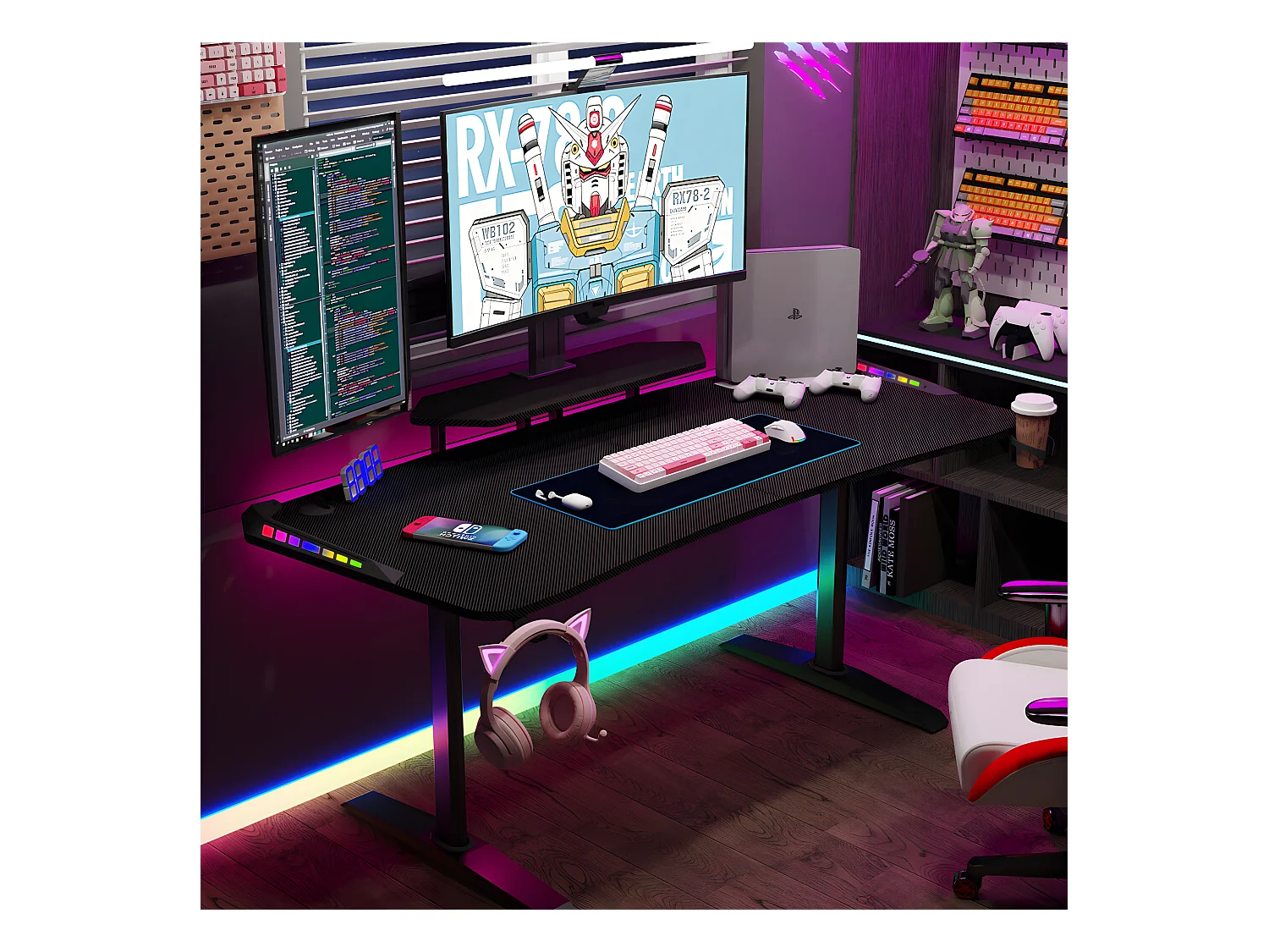 Bureau gaming led bureau gamer professionnel d'ordinateur informatique avec étagère de moniteur réglable 180x75x73cm