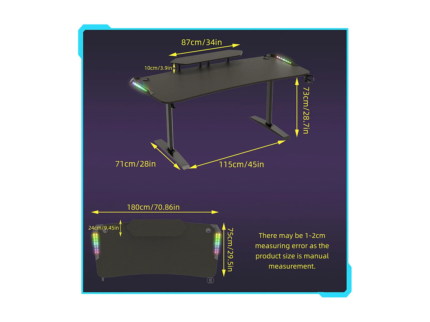 Bureau gaming led bureau gamer professionnel d'ordinateur informatique avec étagère de moniteur réglable 180x75x73cm