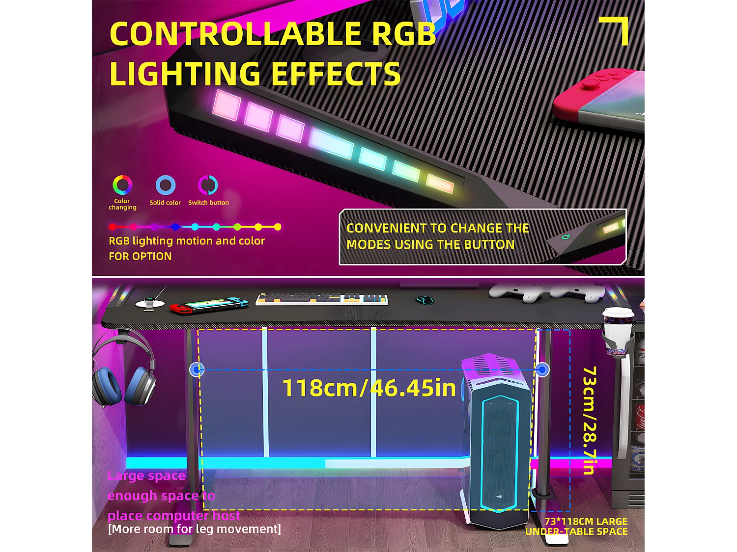 Bureau gaming led bureau gamer professionnel d'ordinateur informatique avec étagère de moniteur réglable 180x75x73cm
