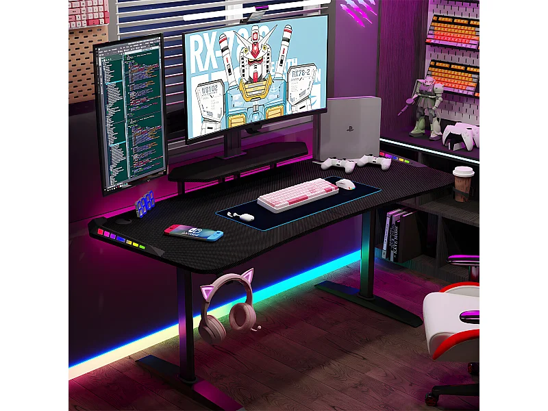 Bureau gaming led bureau gamer professionnel d'ordinateur informatique avec étagère de moniteur réglable 180x75x73cm
