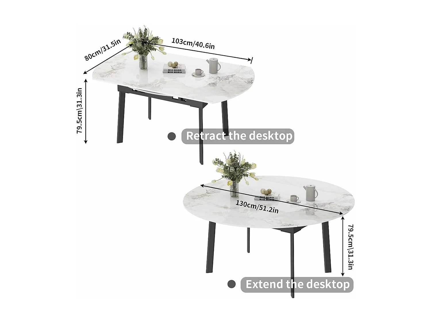 Table de cuisine extensible salle à manger ronde avec rallonge 130x130x80cm 103x80x79.5cm / 130x130x79.5cm
