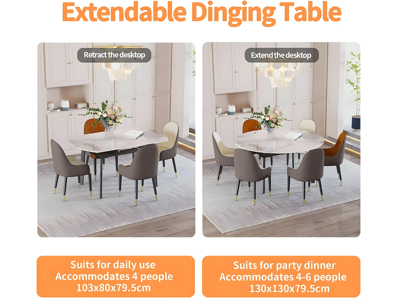 Table de cuisine extensible salle à manger ronde avec rallonge 130x130x80cm 103x80x79.5cm / 130x130x79.5cm