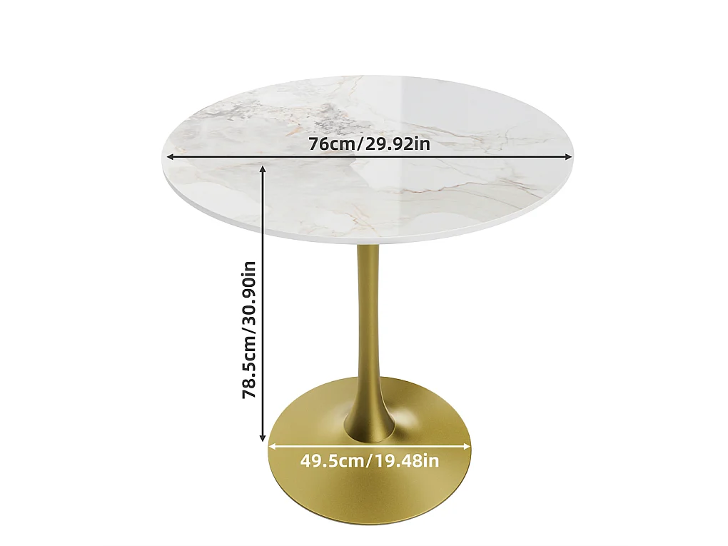 Esstisch rund, Tischplatte aus Sinterstein weiß, goldfarbener Fuß, 76 × 76 × 78.5 cm, 4 Sitzplätze