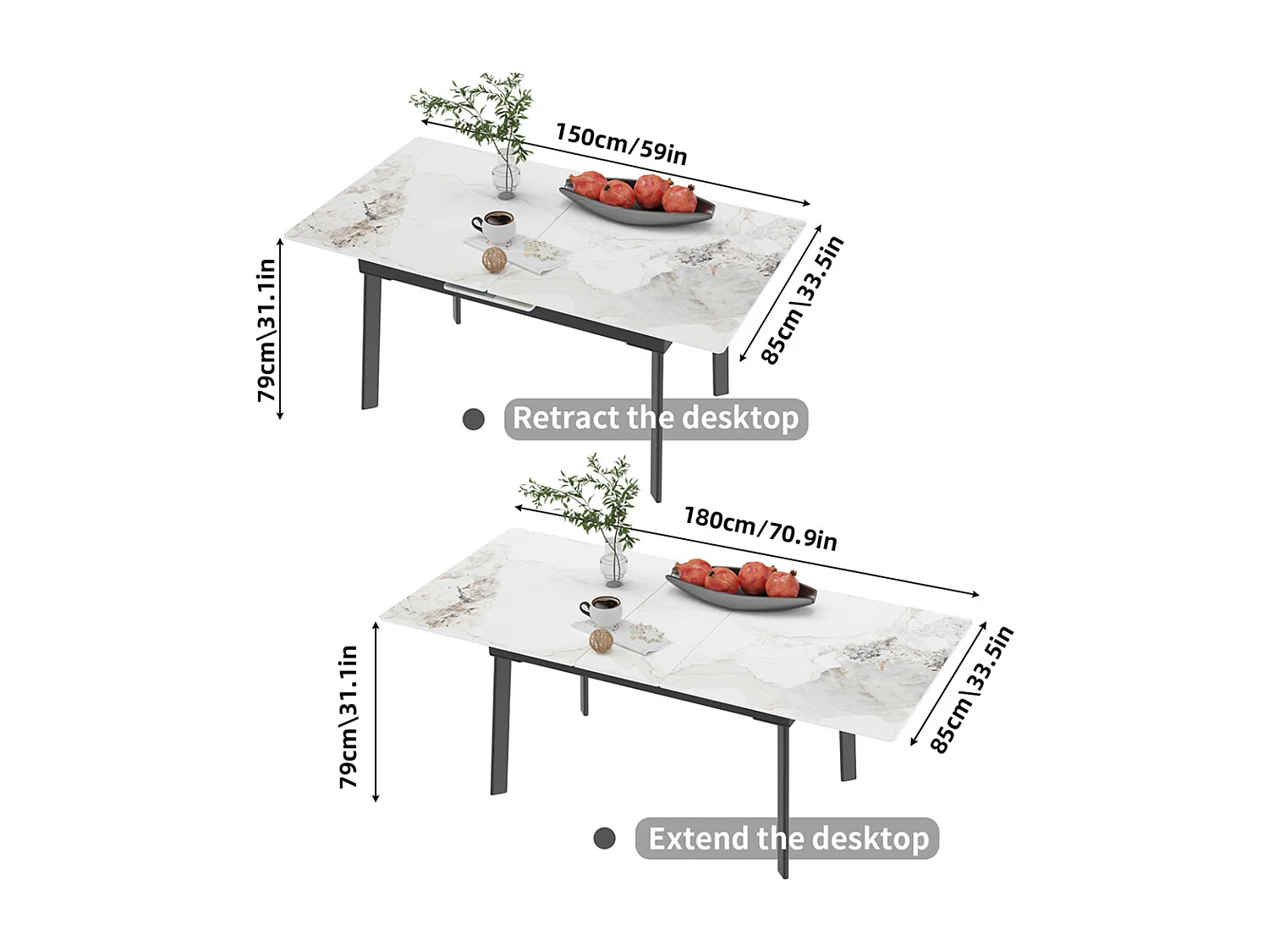 Grande table salle à manger extensible avec rallonge 8 personnes 150x85x79cm / 180x85x79cm