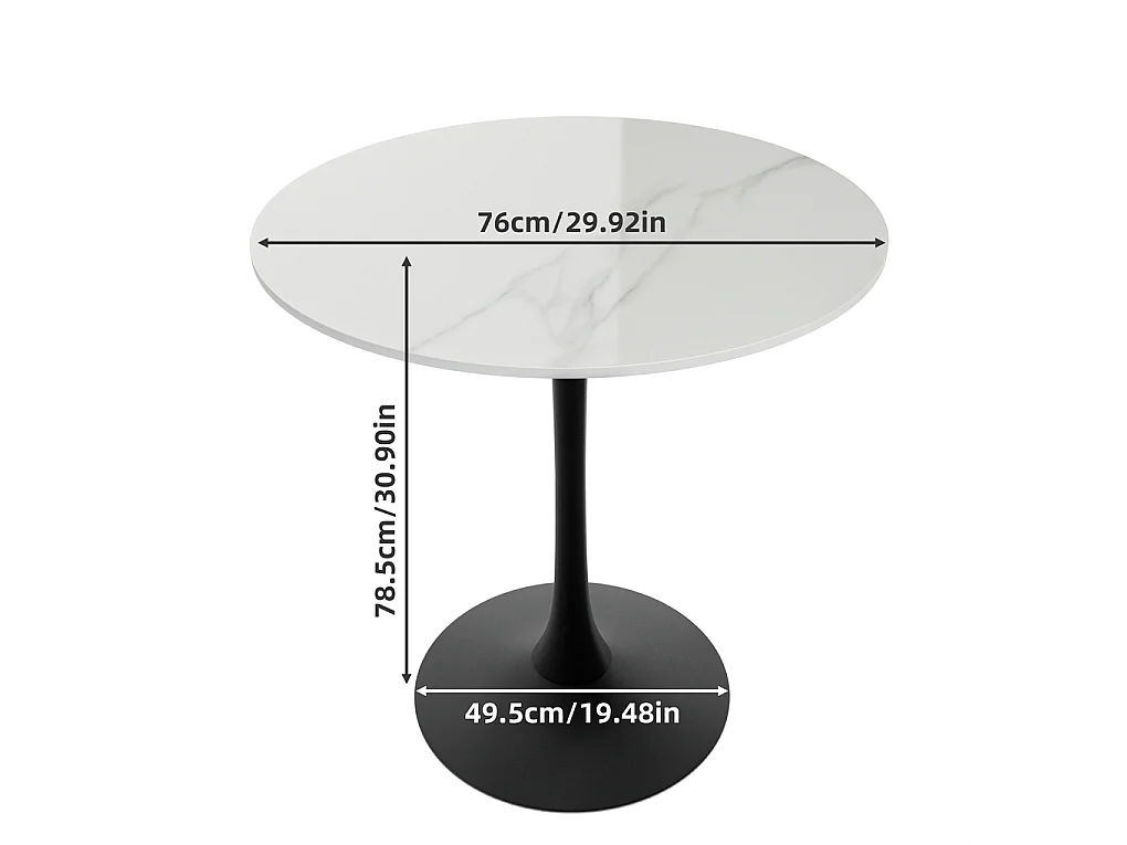 Esstisch rund, Tischplatte aus Sinterstein weiß, schwarzer Fuß, 76 × 76 × 78.5 cm, 4 Sitzplätze