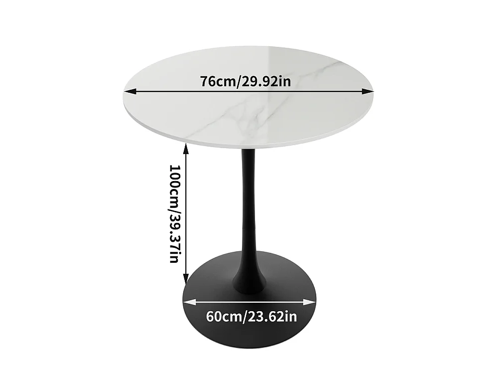 Hoher Bartisch rund, Tischplatte aus Sinterstein weiß, schwarzer Fuß, 76 × 76 × 100 cm, 2 Sitzplätze