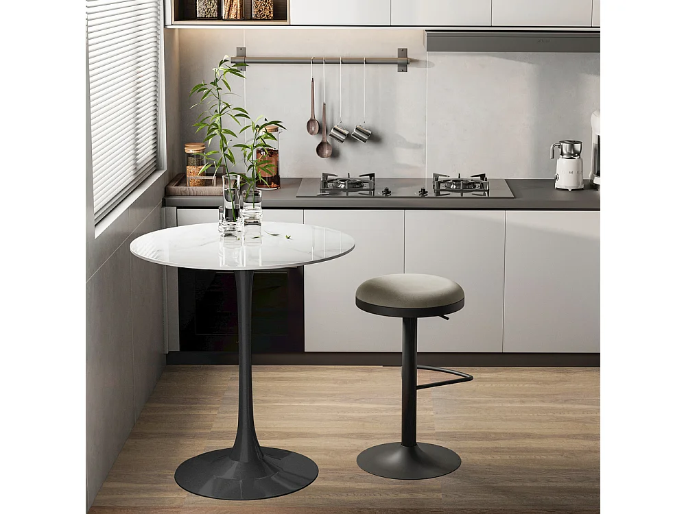 Hoher Bartisch rund, Tischplatte aus Sinterstein weiß, schwarzer Fuß, 76 × 76 × 100 cm, 2 Sitzplätze